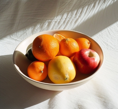 Es ist eine von der Sonne erleuchtete, weiße Schale mit Orangen, Mandarinen, Zitronen und einem Apfel zu sehen. Obst ist Teil einer vitaminreichen, abwechslungsreichen Ernährung, die mit Hilfe von Health Coaching nachhaltig umgesetzt werden kann.